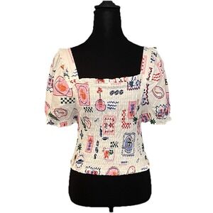 Monteau Los Angeles Smocked Square‎ Neck Puff Sleeve Crop Top Multi Color Large
